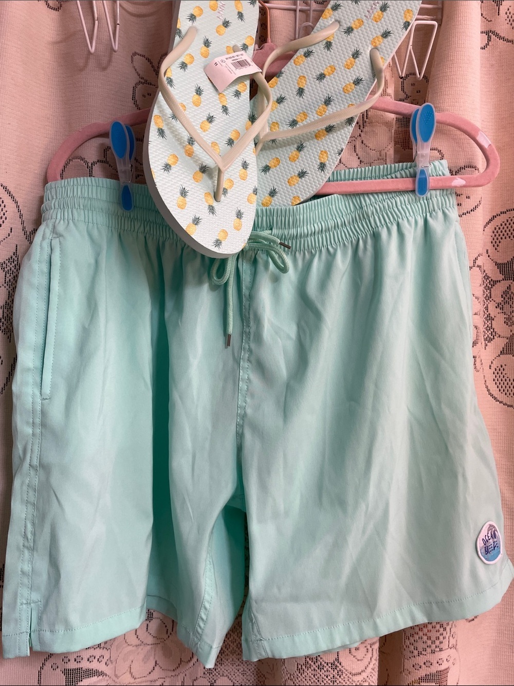 Old Navy Green Flip Flop Sandals with Yellow Pineapple Print/Ocean Breeze Shorts